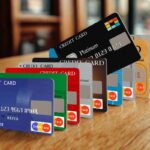 Diversos cartões de crédito de diferentes cores e bandeiras alinhados verticalmente em uma mesa de madeira, representando uma variedade de opções disponíveis.