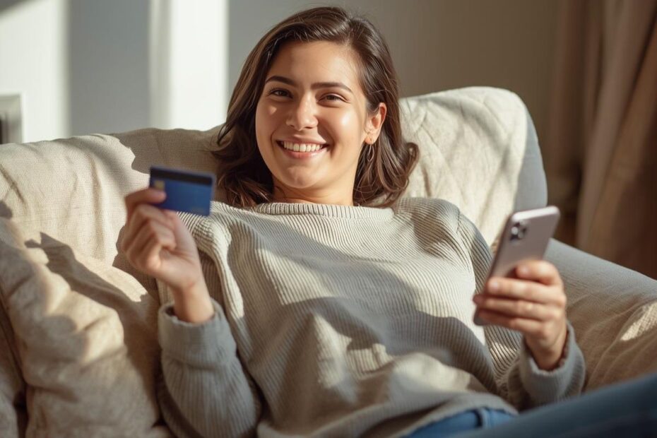 Mulher sorridente descansando no sofá com celular e cartão na mão, sentindo-se leve após aprender a lidar com as taxas e juros.