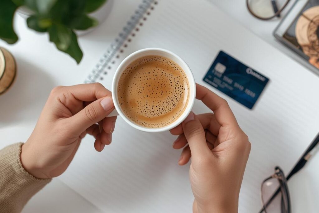 Pessoa segurando uma xícara de café sobre uma mesa branca com um caderno e um cartão bancário, planejando como lidar com as taxas e juros.
