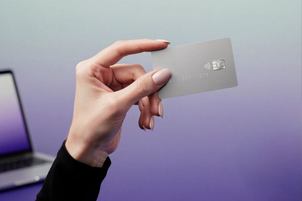 Mão exibindo um cartão prateado moderno, representando o limite disponível e a fatura do cartão.